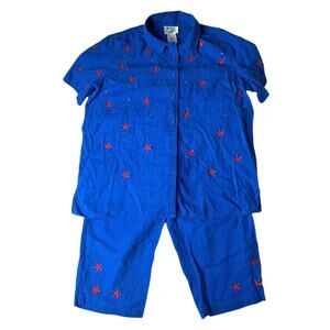 QUACKER FACTORY Linen Blend Blue Red Stars Bling USA Shirt & Capri Outfit Size L